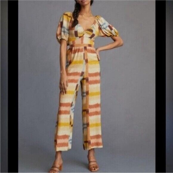 ANTHROPOLOGIE Ranna Gill Tie Back Puff Sleeve Linen Blend Jumpsuit Size NEW - Picture 2 of 11